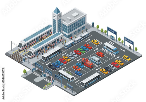 Public transportation hub with trains, buses, and cars in a parking lot