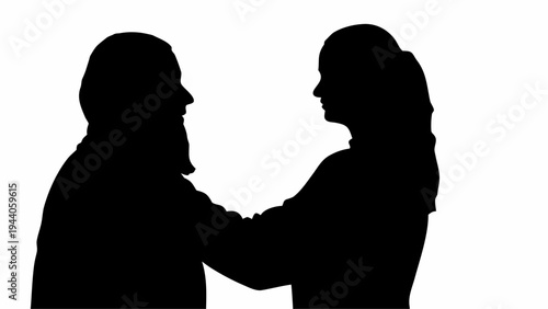 Muslim couple greeting with handshake or hug black silhouette on white background symbolizing friendship and unity