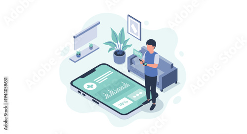 An isometric vector illustration of a man using a smartwatch to sync with a health and fitness application displayed on a giant conceptual smartphone in his living room.