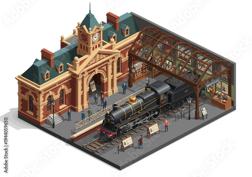 Vintage Train Station Illustration with Steam Locomotive and Passengers