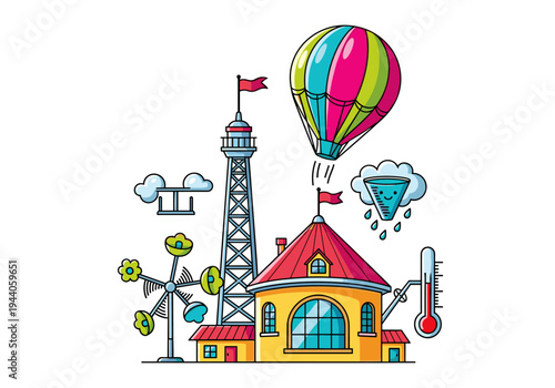 Whimsical cartoon illustration of a weather station with a hot air balloon and colorful elements