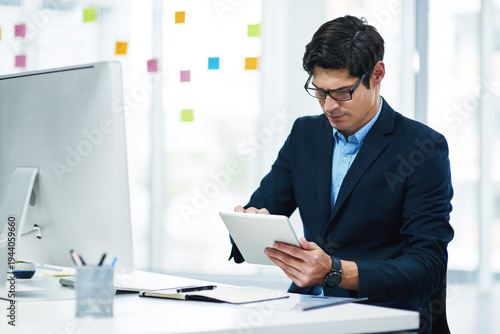 Photos Email, tablet and business man in office with research, insurance policy and review claims report