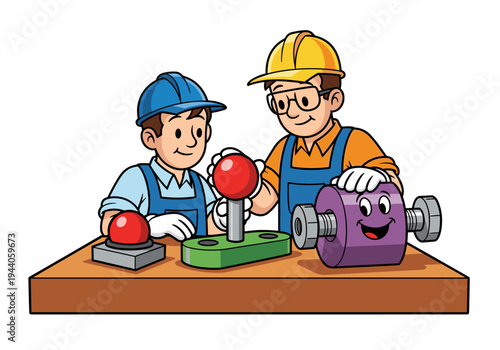Two cartoon workers in hard hats assembling a whimsical machine with a happy purple component