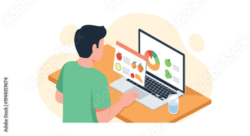 A man sits at a wooden desk using a laptop to analyze nutritional data and browse a selection of healthy fruits and vegetables online.