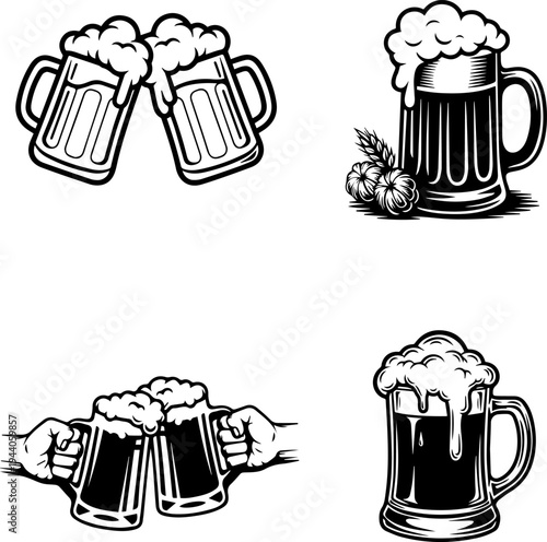 Beer Mug Vector Illustrations Set in Vintage Engraving Style