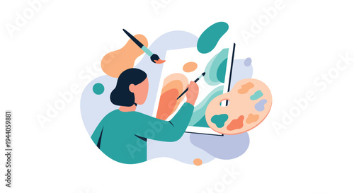 A creative female artist with a palette and brush is painting an abstract masterpiece on a canvas in a modern flat style.