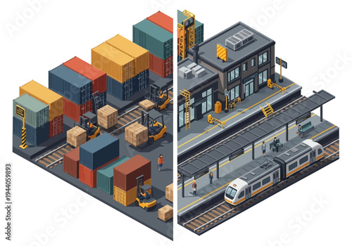 Logistics and Transportation Network A Visual Representation of Shipping Containers and Train Stations