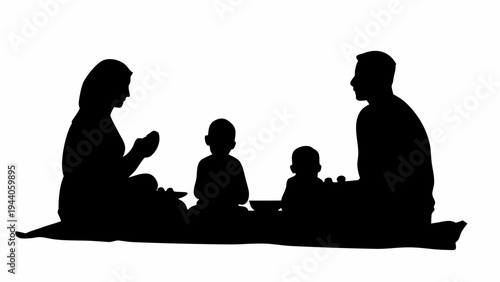 Family sitting together eating eid feast in silhouette on white background