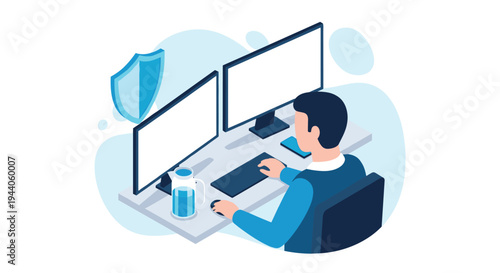 A professional man works on a secure dual-monitor computer, protected by a digital security shield, in an isometric illustration.