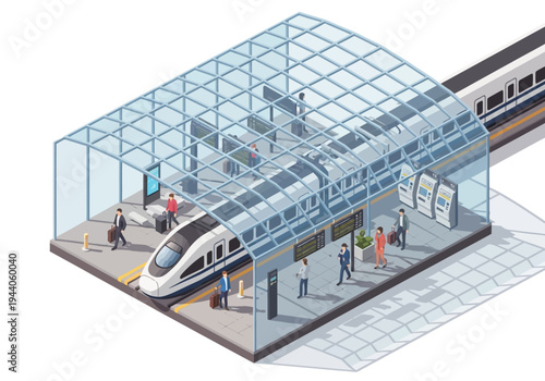 Modern high-speed train arriving at a futuristic glass-covered station with passengers waiting on the platform