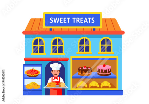 Cartoon bakery storefront with a cheerful baker holding a tray of fresh bread and pastries