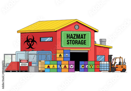 Hazardous material storage facility with colorful drums and a forklift, industrial safety concept