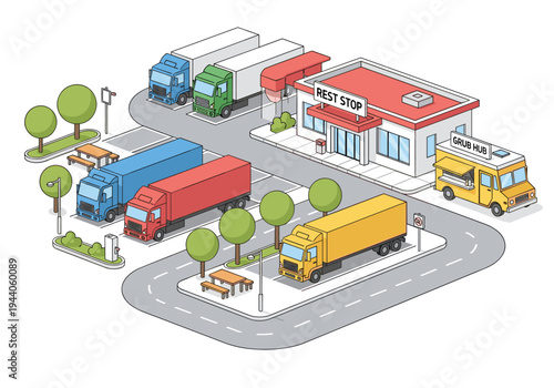 Isometric rest stop with trucks, food truck, and picnic area for travelers