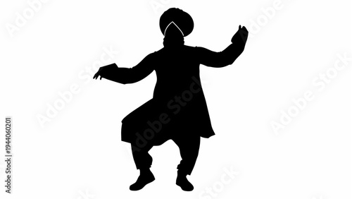 Punjabi man wearing turban dancing in silhouette against white background with arms outstretched