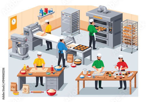 Bakers working together in a busy professional bakery kitchen preparing dough and baking goods