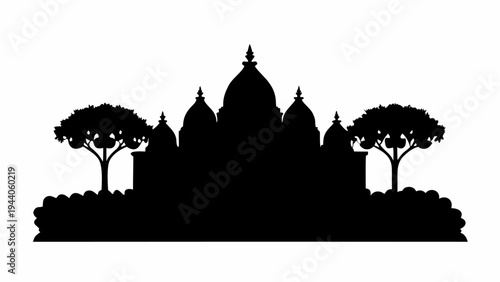 Bah' temple style structure with garden silhouette black illustration of spiritual building with trees