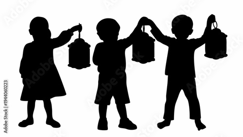 Silhouette of three kids playing with lanterns on eid al fitr joyful children holding colorful lanterns in ramadan celebration