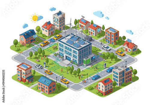 Isometric smart city powered by renewable energy sources and electric vehicles