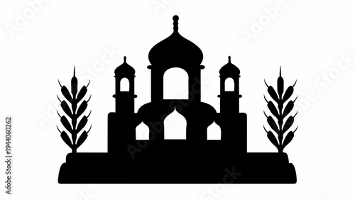 Sikh temple silhouette with wheat field at sunset architectural symbol of faith and spirituality in a serene landscape