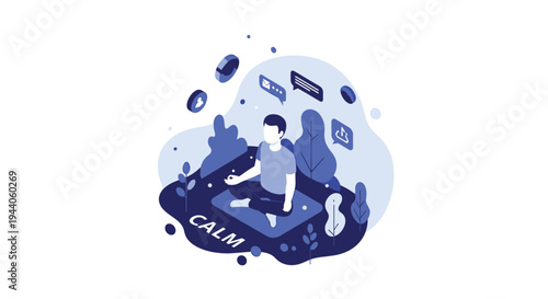 Monochromatic isometric illustration of a man meditating on a mat with the word calm, surrounded by digital icons and plants.