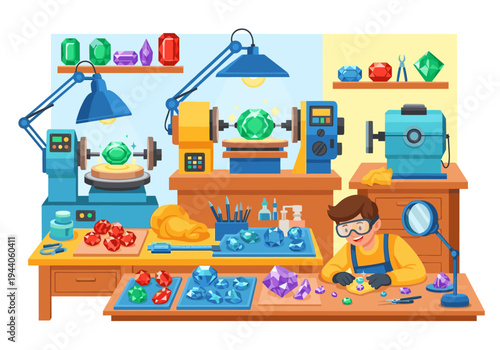 Gemstone cutter meticulously working on precious stones in a brightly lit workshop