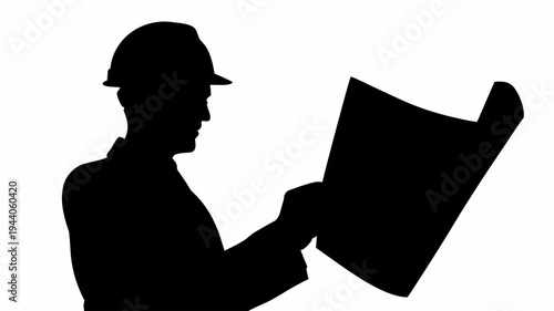 Silhouette of engineer or architect holding blueprint wearing hard hat examining construction plan black icon on white background symbolizing planning and design in building