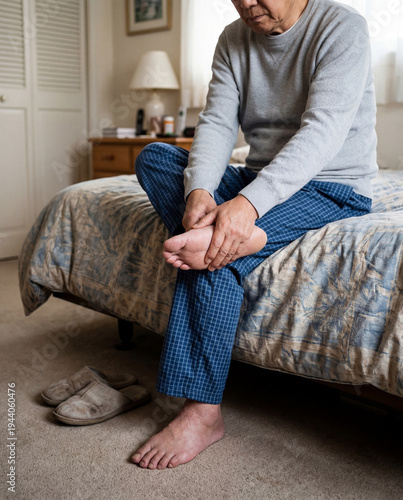 Elderly Asian Man Touching Painful Foot While Sitting on Bed, Medical Problem Concept of Nerve Pain, Diabetes Neuropathy and Podiatry Treatment