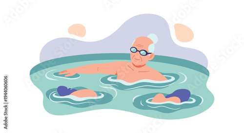 A cheerful elderly woman with swimming goggles enjoys a water aerobics class in a pool, illustrated in a clean, minimalist vector style against a white background.