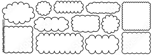 Fluffy line rectangle and wavy paper cloud with frame bubble shape. Cute graphic set and speech white summer with balloon abstract label. Sun fluffy background and round wavy card with fun.