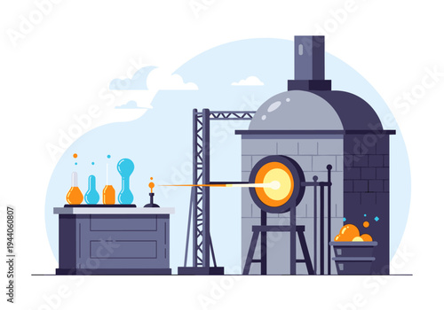 Glassblowing furnace and laboratory equipment in a stylized industrial setting