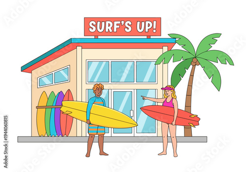 Surfers with surfboards outside a surf shop with a palm tree and colorful boards