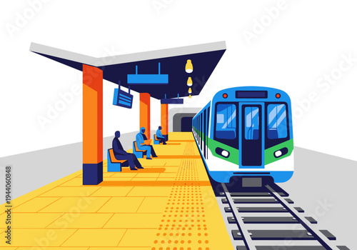 Modern subway train arriving at a station platform with waiting passengers