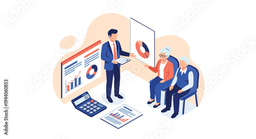 An isometric illustration of a male financial advisor presenting investment charts and data on a screen to a senior couple for retirement planning.