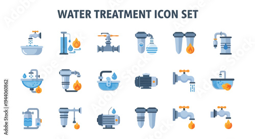 Illustrated icons representing various equipment and processes in water treatment systems Vector
