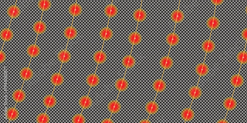 A colorful abstract pattern featuring rows of vibrant red shapes on a textured gray background with subtle hints of green and yellow