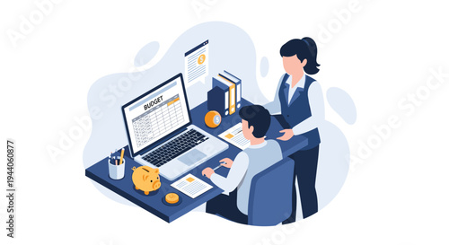 An isometric vector illustration of a female manager mentoring a male employee working on a budget spreadsheet on his laptop in an office setting.