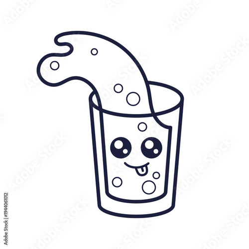 Glass of water, mouthwash cute kawaii outline illustration. Vector illustration. Hand drawn cartoon style. Oral hygiene concept. Dental tool. Coloring page