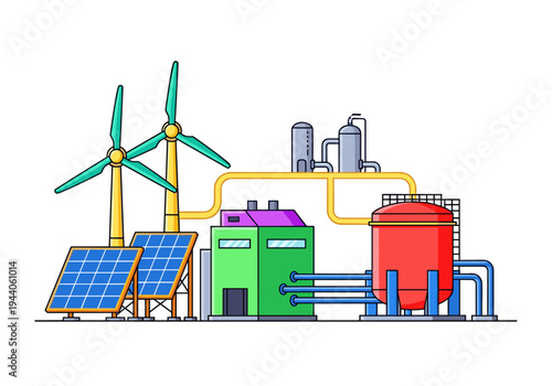 Renewable energy power plant with solar panels and wind turbines connected to industrial buildings