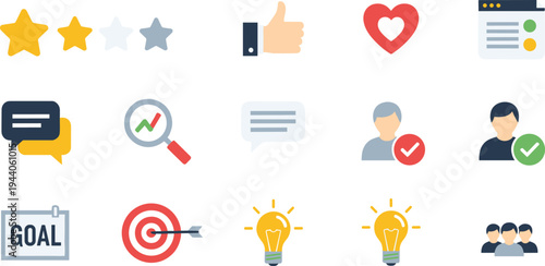 Business feedback marketing icon set vector illustration with rating stars like heart goal target idea teamwork communication symbols
