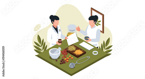 An isometric illustration of two female scientists in lab coats researching and preparing herbal medicine with a mortar and pestle at a table.