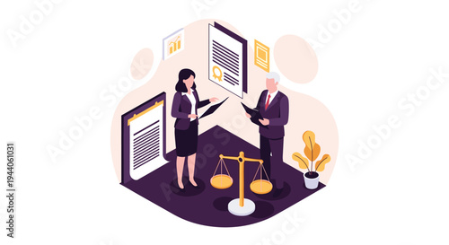An isometric illustration of a male and female lawyer discussing a legal case while reviewing documents next to the scales of justice.