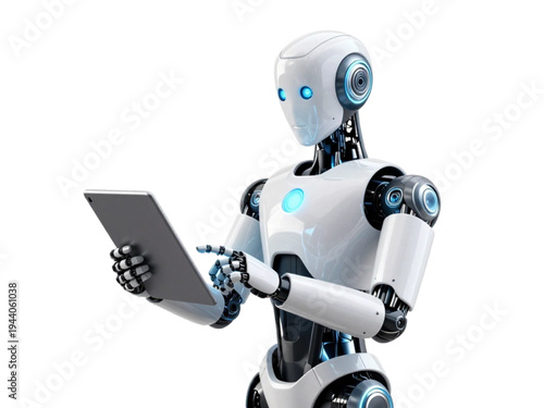 3D rendering of a futuristic humanoid robot using a digital tablet on transparent Background. Artificial intelligence and machine learning concept featuring a sleek white android.