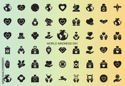 World kindness day icons collection with hearts and helping hands
