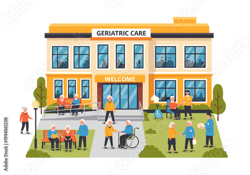 Geriatric care facility with seniors enjoying outdoor activities and staff assistance
