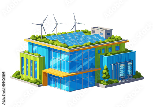 Modern eco-friendly building with solar panels and wind turbines on the roof