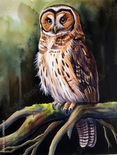 Watercolor Painting of a Barred Owl Perched on a Mossy Branch