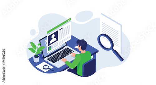 A man uses a laptop to search for candidates and review resumes online, with a magnifying glass symbolizing recruitment and analysis.