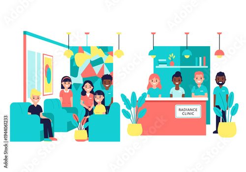 Diverse group of people in a modern clinic waiting room and at the reception desk