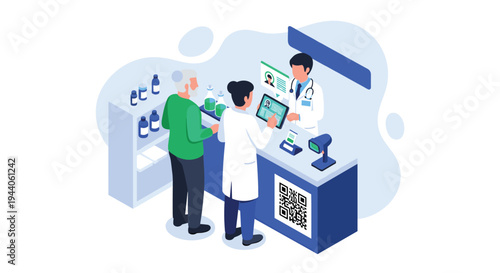 An elderly patient consults with two pharmacists at a modern pharmacy counter that features a digital payment QR code and electronic prescriptions.