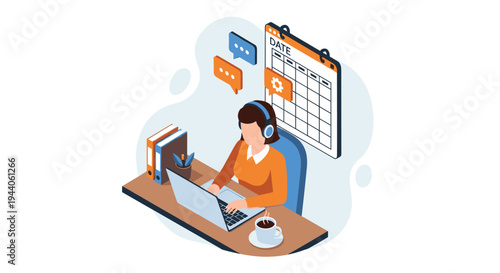 A female customer service representative with a headset schedules an appointment on her laptop, with a large calendar and chat icons in the background.